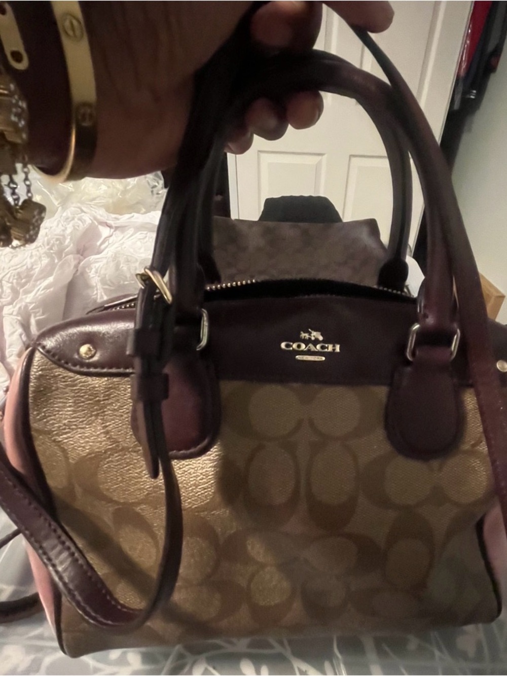 Coach Brown Signature Canvas Satchel with Pink Accents used